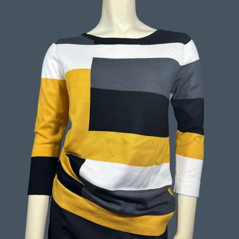 Carol Rose Geometric Color Block Sweater in Mustard, Black, and Gray